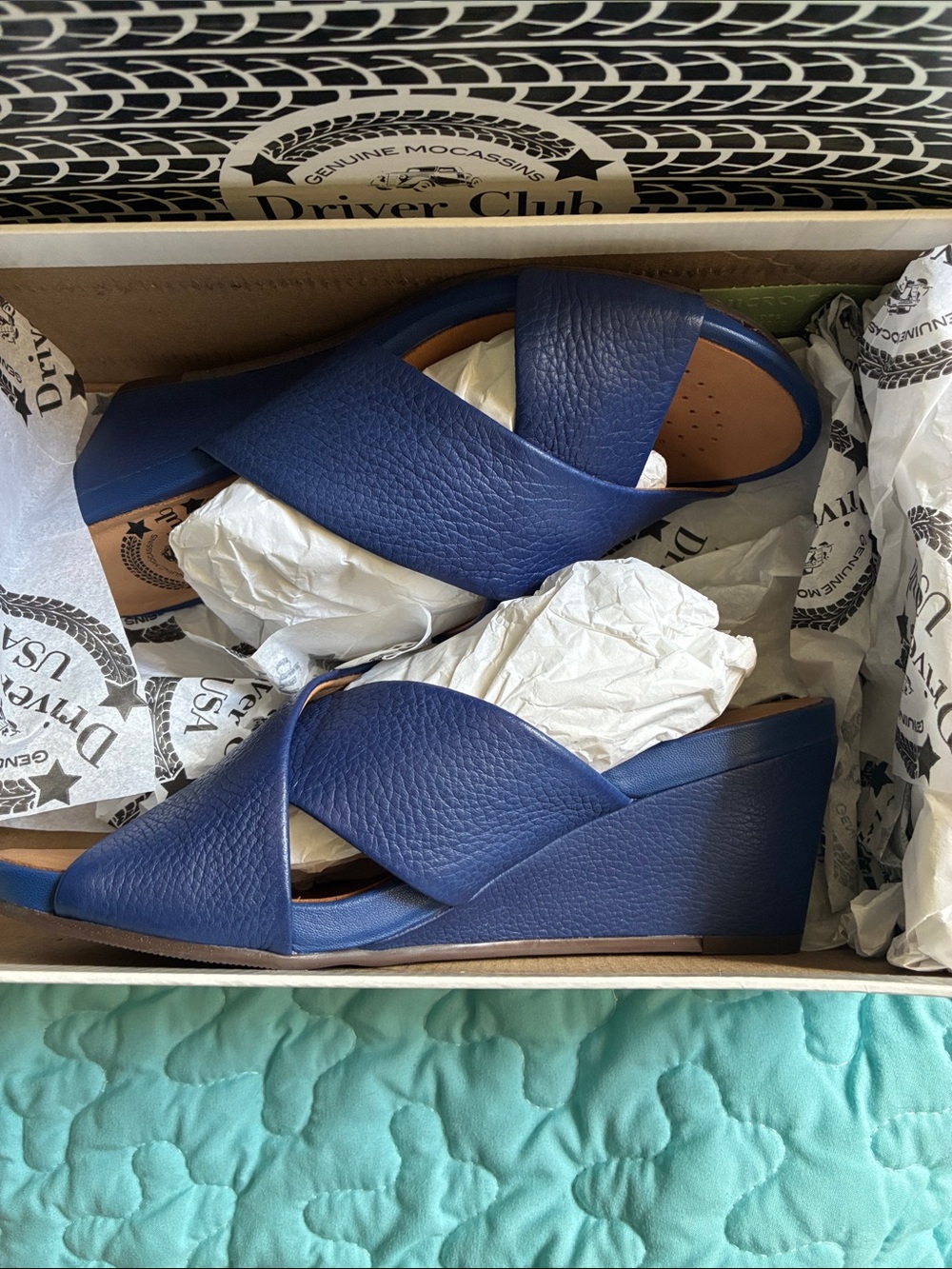 Driver Club USA Navy Leather Crisscross Wedge Sandals.
